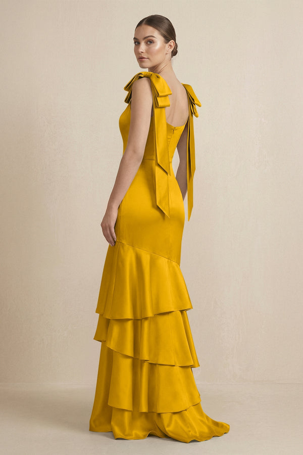 Tiered Maxi Satin Bridesmaid Dress with Bow Straps in Marigold - KISS BRIDAL Bridesmaid Dresses
