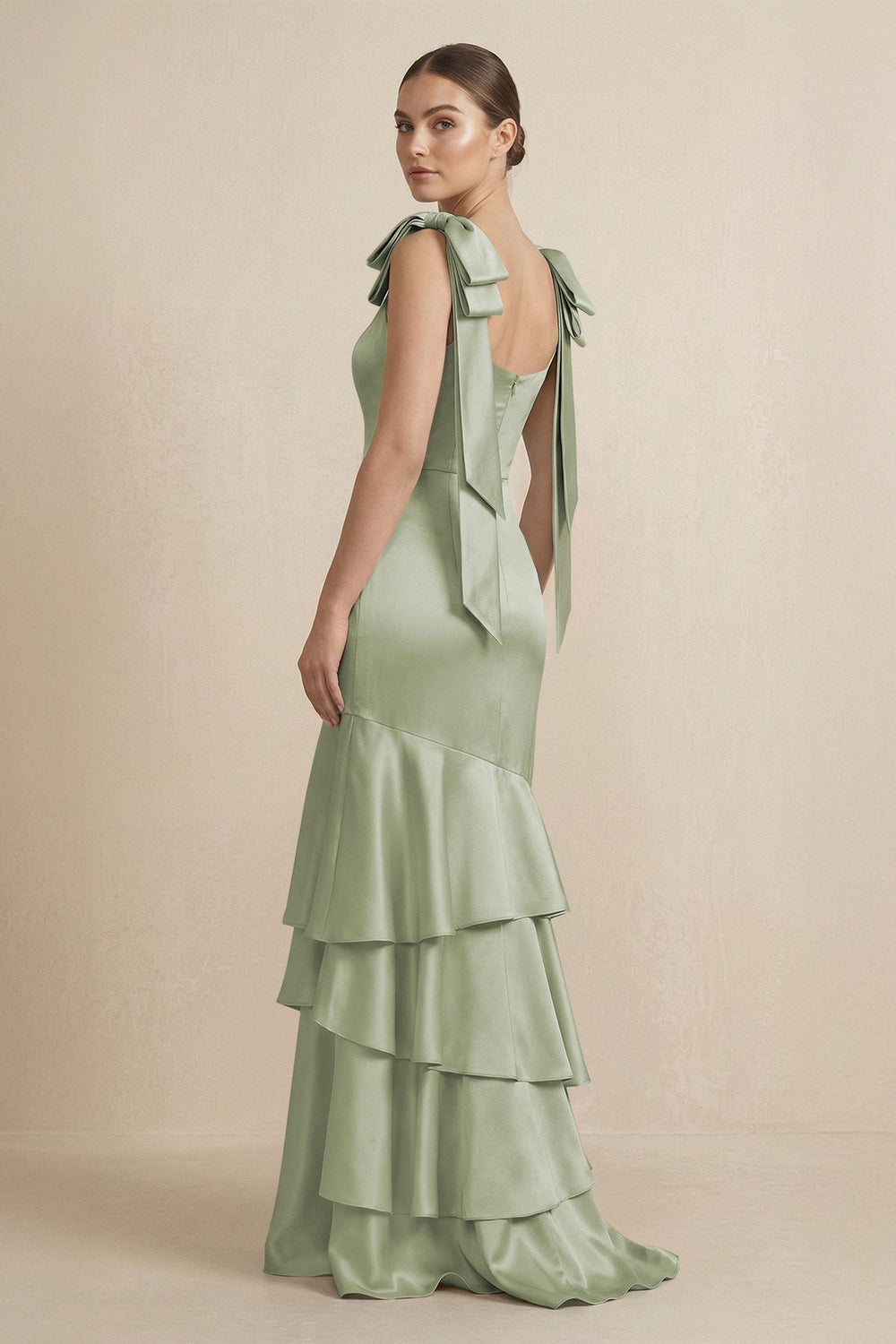 Tiered Maxi Satin Bridesmaid Dress with Bow Straps in Matcha - KISS BRIDAL Bridesmaid Dresses