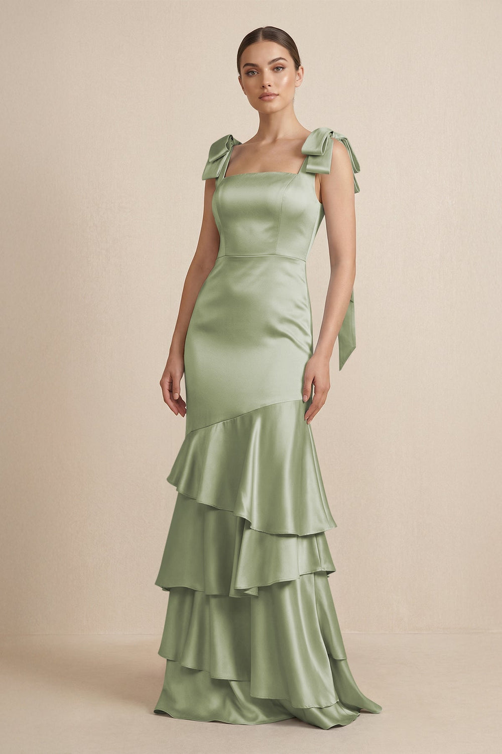Tiered Maxi Satin Bridesmaid Dress with Bow Straps in Matcha - KISS BRIDAL Bridesmaid Dresses