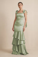 Tiered Maxi Satin Bridesmaid Dress with Bow Straps in Matcha - KISS BRIDAL Bridesmaid Dresses