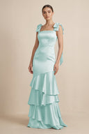 Tiered Maxi Satin Bridesmaid Dress with Bow Straps in Mist - KISS BRIDAL Bridesmaid Dresses