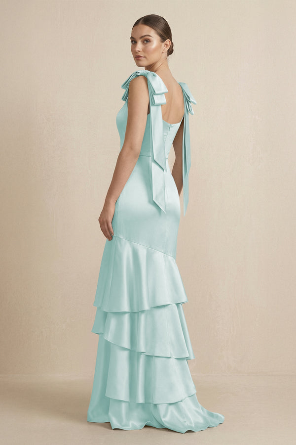 Tiered Maxi Satin Bridesmaid Dress with Bow Straps in Mist - KISS BRIDAL Bridesmaid Dresses