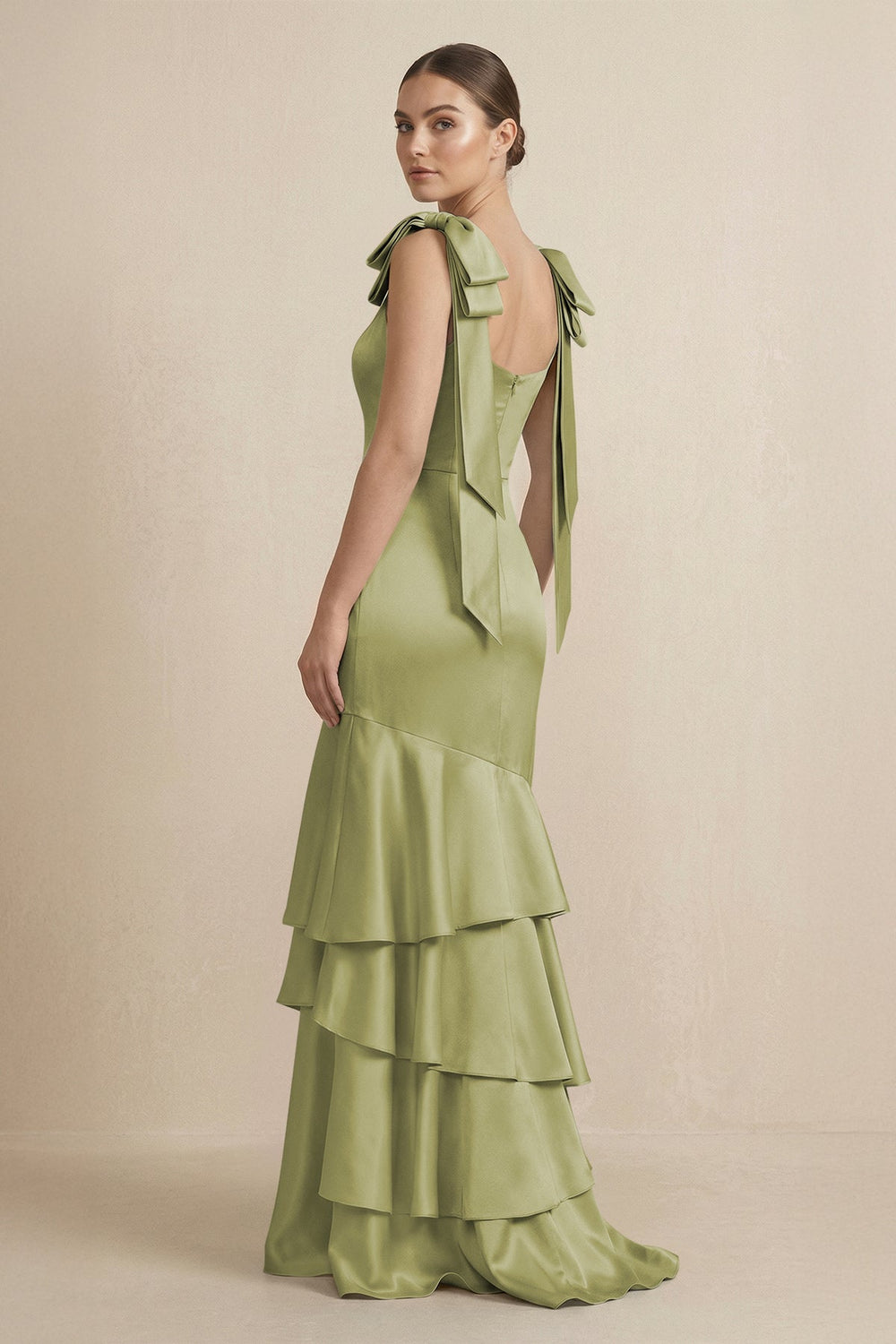 Tiered Maxi Satin Bridesmaid Dress with Bow Straps in Moss Green - SHE IS ME Bridesmaid Dresses