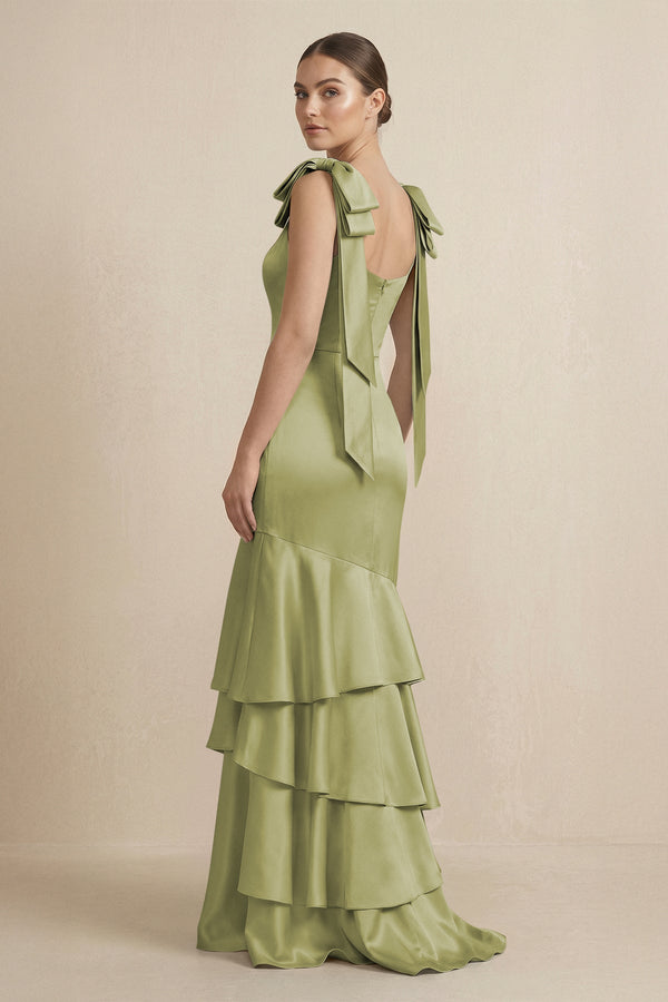 Tiered Maxi Satin Bridesmaid Dress with Bow Straps in Moss Green - KISS BRIDAL Bridesmaid Dresses