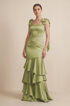 Tiered Maxi Satin Bridesmaid Dress with Bow Straps in Moss Green - KISS BRIDAL Bridesmaid Dresses