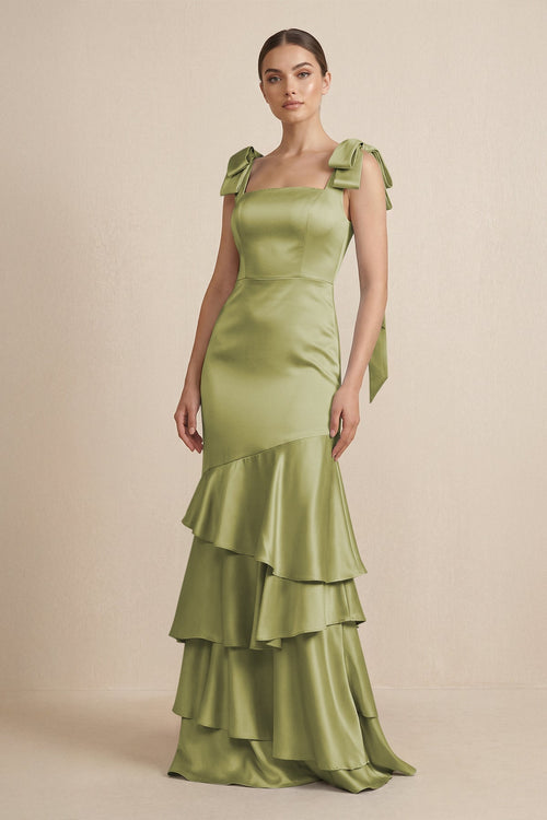 Tiered Maxi Satin Bridesmaid Dress with Bow Straps in Moss Green - KISS BRIDAL Bridesmaid Dresses