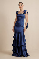 Tiered Maxi Satin Bridesmaid Dress with Bow Straps in Navy - KISS BRIDAL Bridesmaid Dresses