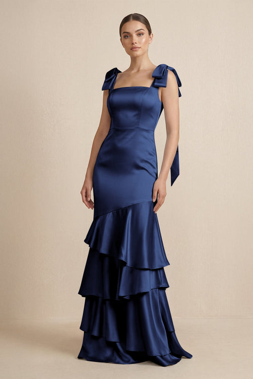 Tiered Maxi Satin Bridesmaid Dress with Bow Straps in Navy - KISS BRIDAL Bridesmaid Dresses