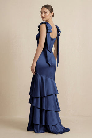 Tiered Maxi Satin Bridesmaid Dress with Bow Straps in Navy - KISS BRIDAL Bridesmaid Dresses