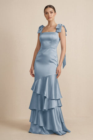 Tiered Maxi Satin Bridesmaid Dress with Bow Straps in Neptune - KISS BRIDAL Bridesmaid Dresses