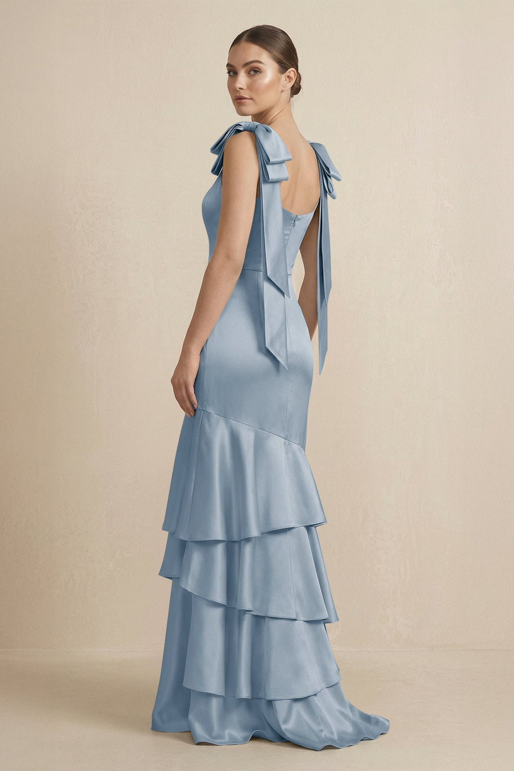 Tiered Maxi Satin Bridesmaid Dress with Bow Straps in Neptune - KISS BRIDAL Bridesmaid Dresses