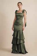 Tiered Maxi Satin Bridesmaid Dress with Bow Straps in Olive - KISS BRIDAL Bridesmaid Dresses