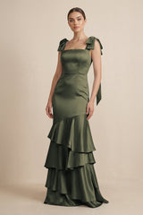 Tiered Maxi Satin Bridesmaid Dress with Bow Straps in Olive - KISS BRIDAL Bridesmaid Dresses