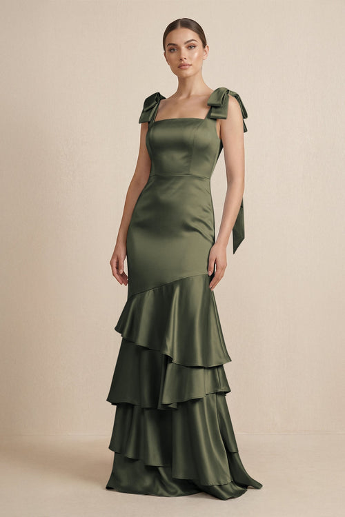 Tiered Maxi Satin Bridesmaid Dress with Bow Straps in Olive - KISS BRIDAL Bridesmaid Dresses