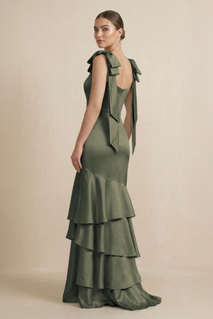 Tiered Maxi Satin Bridesmaid Dress with Bow Straps in Olive - KISS BRIDAL Bridesmaid Dresses