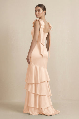 Tiered Maxi Satin Bridesmaid Dress with Bow Straps in Pale Blush - KISS BRIDAL Bridesmaid Dresses