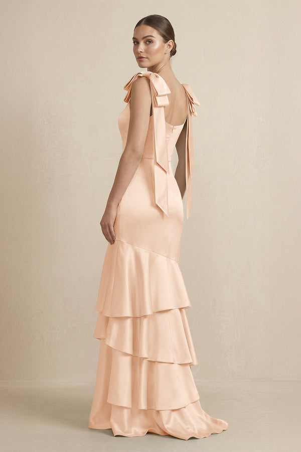 Tiered Maxi Satin Bridesmaid Dress with Bow Straps in Pale Blush - KISS BRIDAL Bridesmaid Dresses