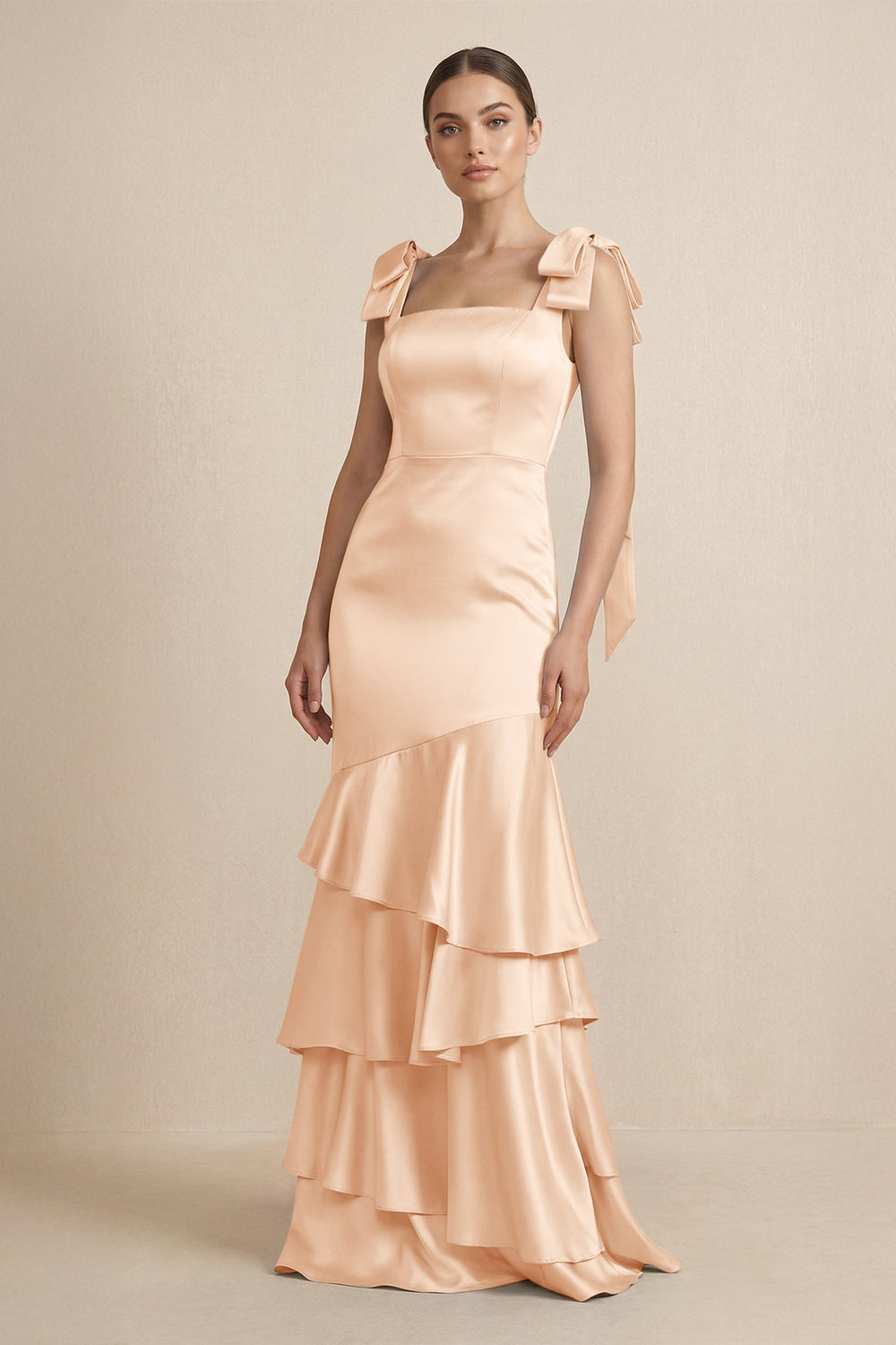 Tiered Maxi Satin Bridesmaid Dress with Bow Straps in Pale Blush - KISS BRIDAL Bridesmaid Dresses