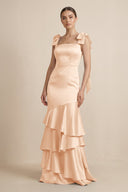Tiered Maxi Satin Bridesmaid Dress with Bow Straps in Pale Blush - KISS BRIDAL Bridesmaid Dresses