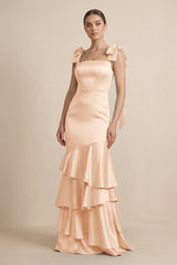Tiered Maxi Satin Bridesmaid Dress with Bow Straps in Pale Blush - KISS BRIDAL Bridesmaid Dresses