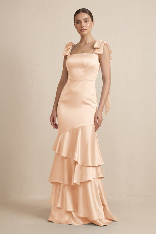 Tiered Maxi Satin Bridesmaid Dress with Bow Straps in Pale Blush - KISS BRIDAL Bridesmaid Dresses
