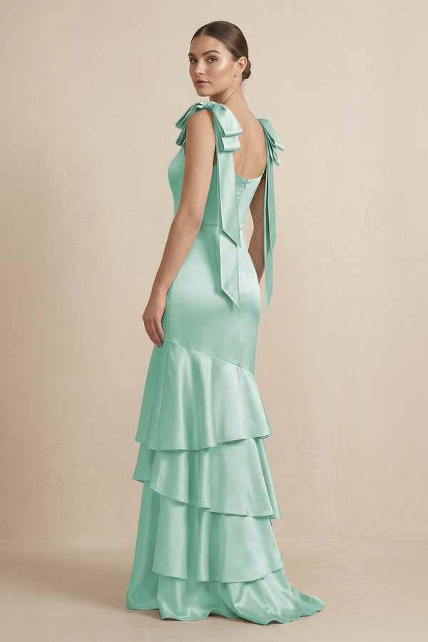 Tiered Maxi Satin Bridesmaid Dress with Bow Straps in Pale Pistachio - KISS BRIDAL Bridesmaid Dresses