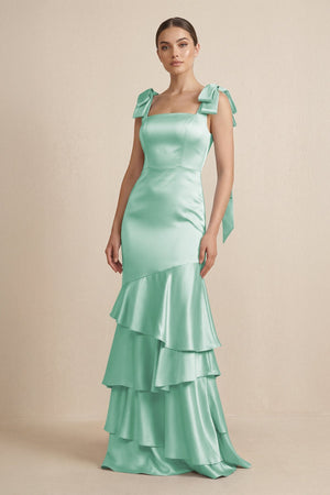 Tiered Maxi Satin Bridesmaid Dress with Bow Straps in Pale Pistachio - KISS BRIDAL Bridesmaid Dresses