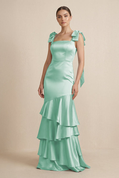 Tiered Maxi Satin Bridesmaid Dress with Bow Straps in Pale Pistachio - KISS BRIDAL Bridesmaid Dresses
