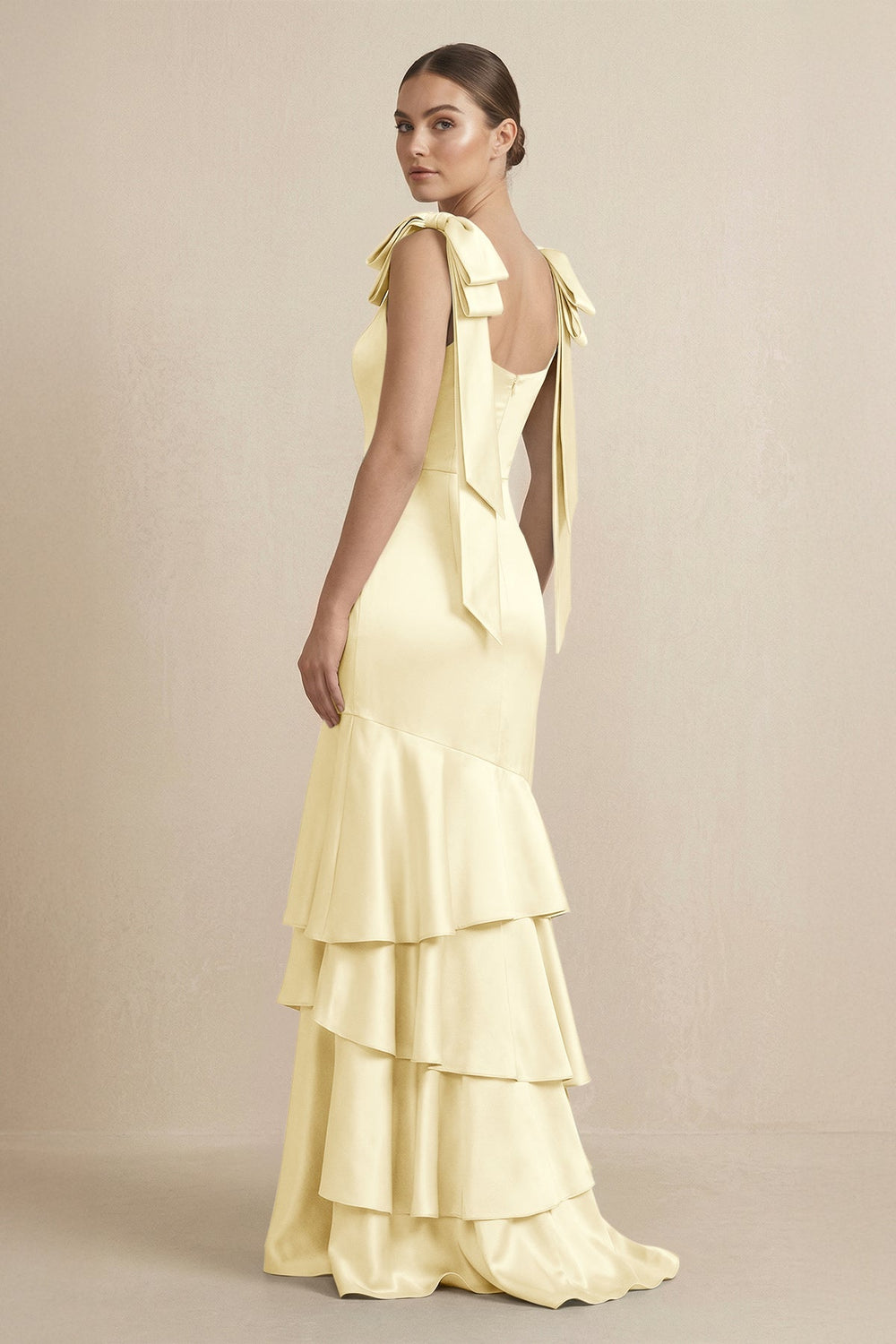Tiered Maxi Satin Bridesmaid Dress with Bow Straps in Pastel Yellow - KISS BRIDAL Bridesmaid Dresses