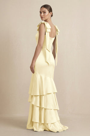 Tiered Maxi Satin Bridesmaid Dress with Bow Straps in Pastel Yellow - KISS BRIDAL Bridesmaid Dresses
