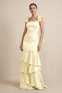 Tiered Maxi Satin Bridesmaid Dress with Bow Straps in Pastel Yellow - KISS BRIDAL Bridesmaid Dresses