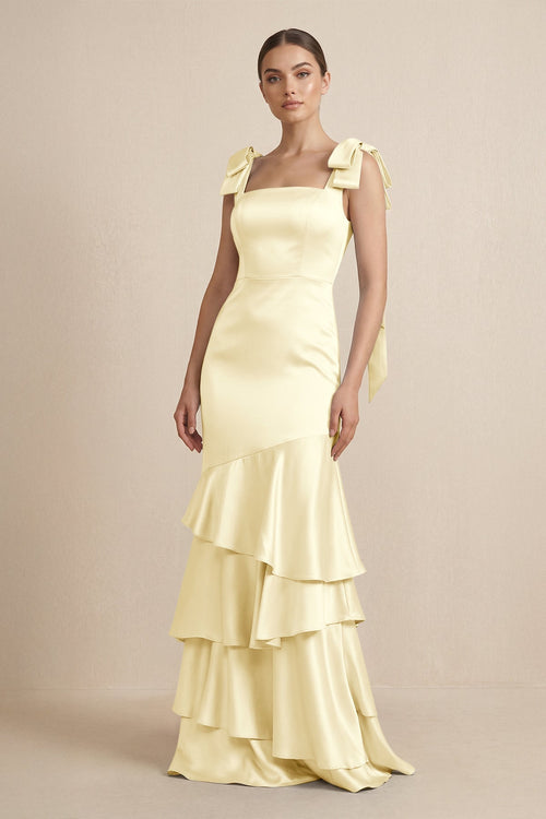 Tiered Maxi Satin Bridesmaid Dress with Bow Straps in Pastel Yellow - KISS BRIDAL Bridesmaid Dresses
