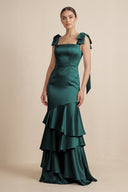 Tiered Maxi Satin Bridesmaid Dress with Bow Straps in Pine - KISS BRIDAL Bridesmaid Dresses