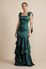 Tiered Maxi Satin Bridesmaid Dress with Bow Straps in Pine - KISS BRIDAL Bridesmaid Dresses