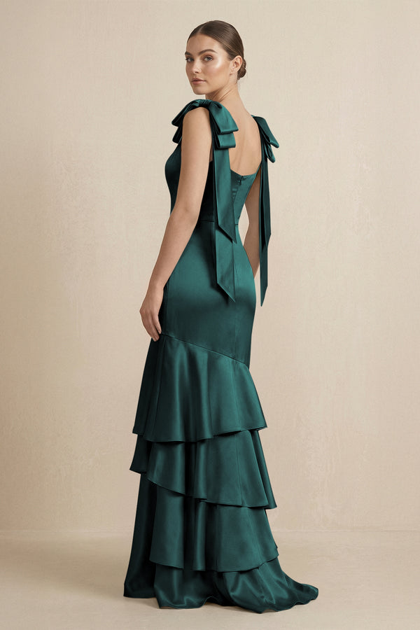 Tiered Maxi Satin Bridesmaid Dress with Bow Straps in Pine - KISS BRIDAL Bridesmaid Dresses