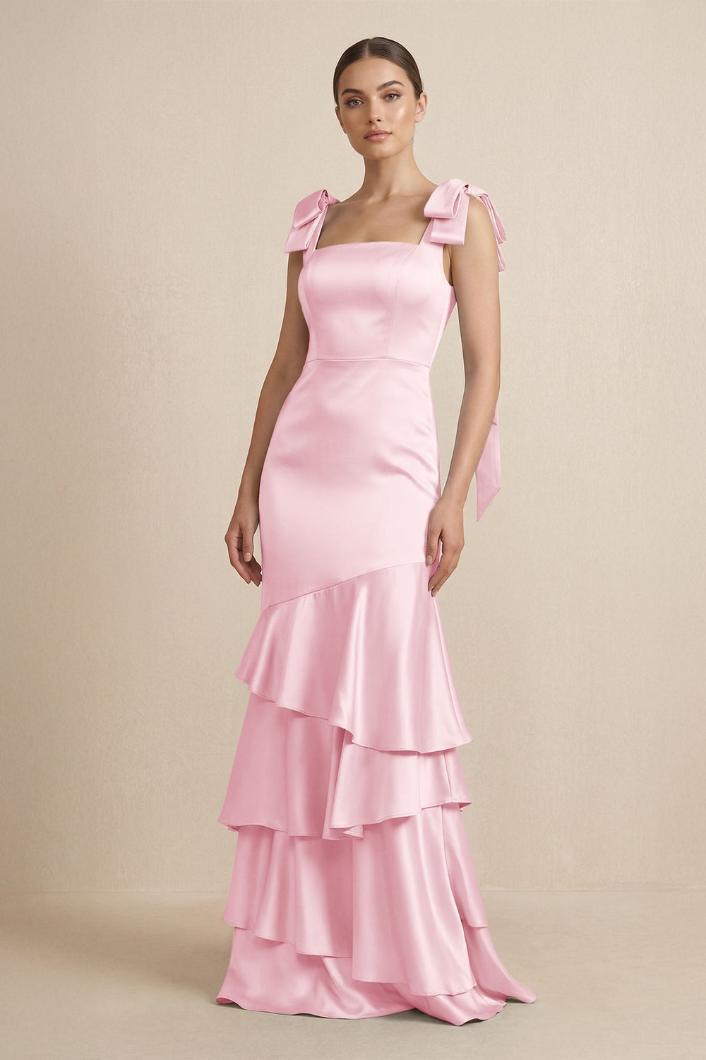 Tiered Maxi Satin Bridesmaid Dress with Bow Straps in Pink - KISS BRIDAL Bridesmaid Dresses