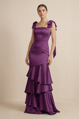 Tiered Maxi Satin Bridesmaid Dress with Bow Straps in Plum - KISS BRIDAL Bridesmaid Dresses