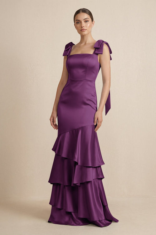 Tiered Maxi Satin Bridesmaid Dress with Bow Straps in Plum - KISS BRIDAL Bridesmaid Dresses