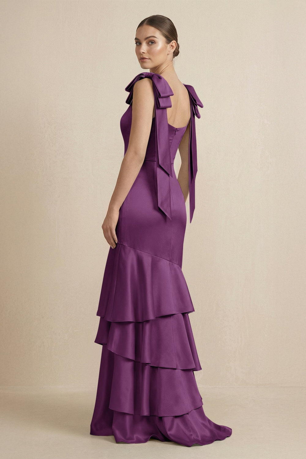 Tiered Maxi Satin Bridesmaid Dress with Bow Straps in Plum - SHE IS ME Bridesmaid Dresses