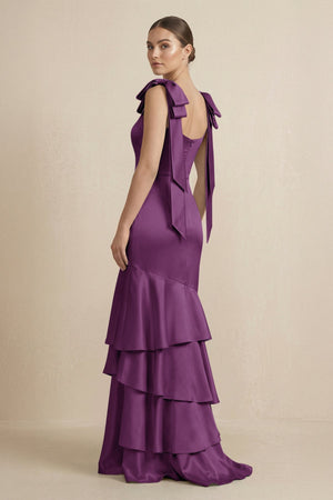 Tiered Maxi Satin Bridesmaid Dress with Bow Straps in Plum - KISS BRIDAL Bridesmaid Dresses