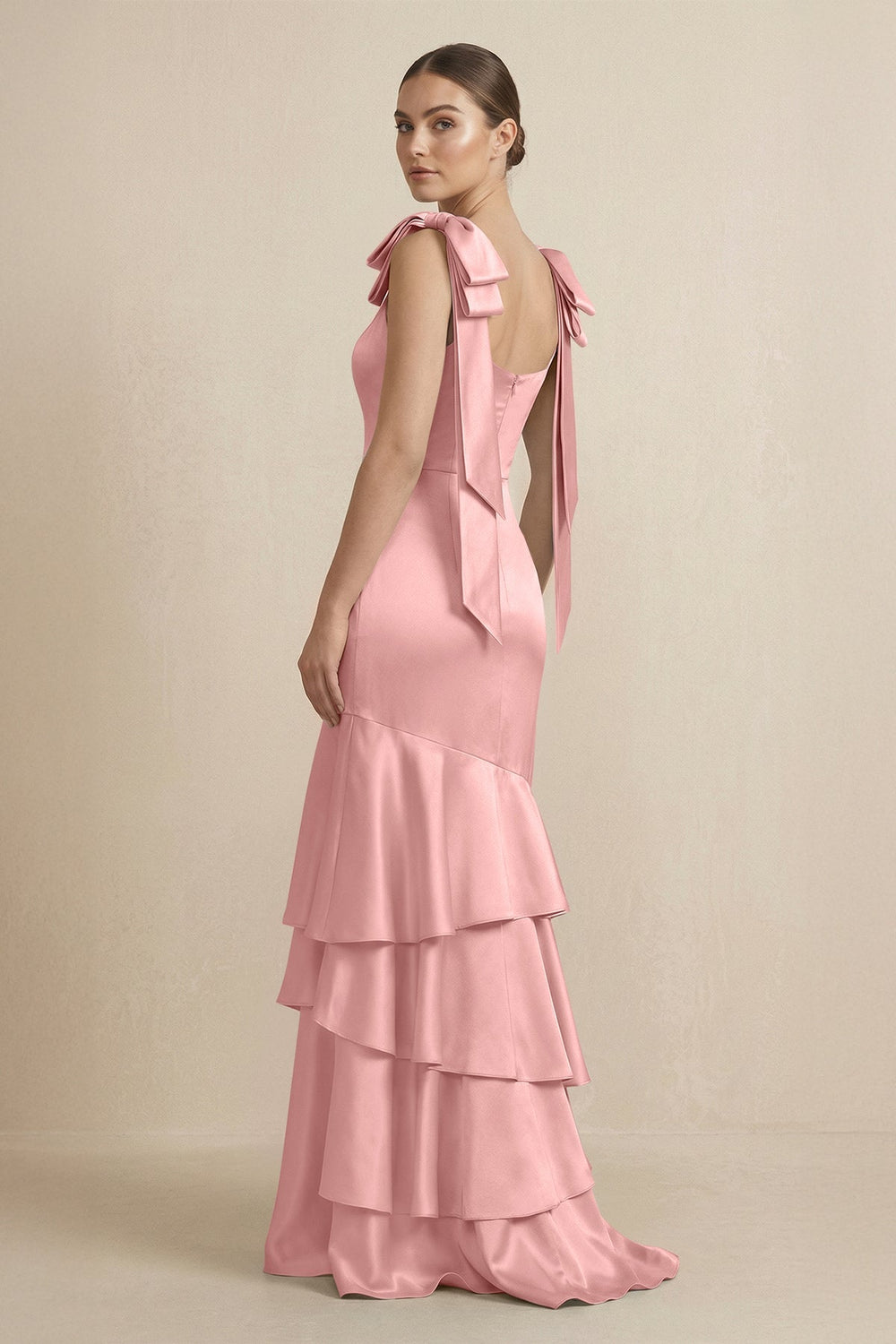 Tiered Maxi Satin Bridesmaid Dress with Bow Straps in Rosette - KISS BRIDAL Bridesmaid Dresses