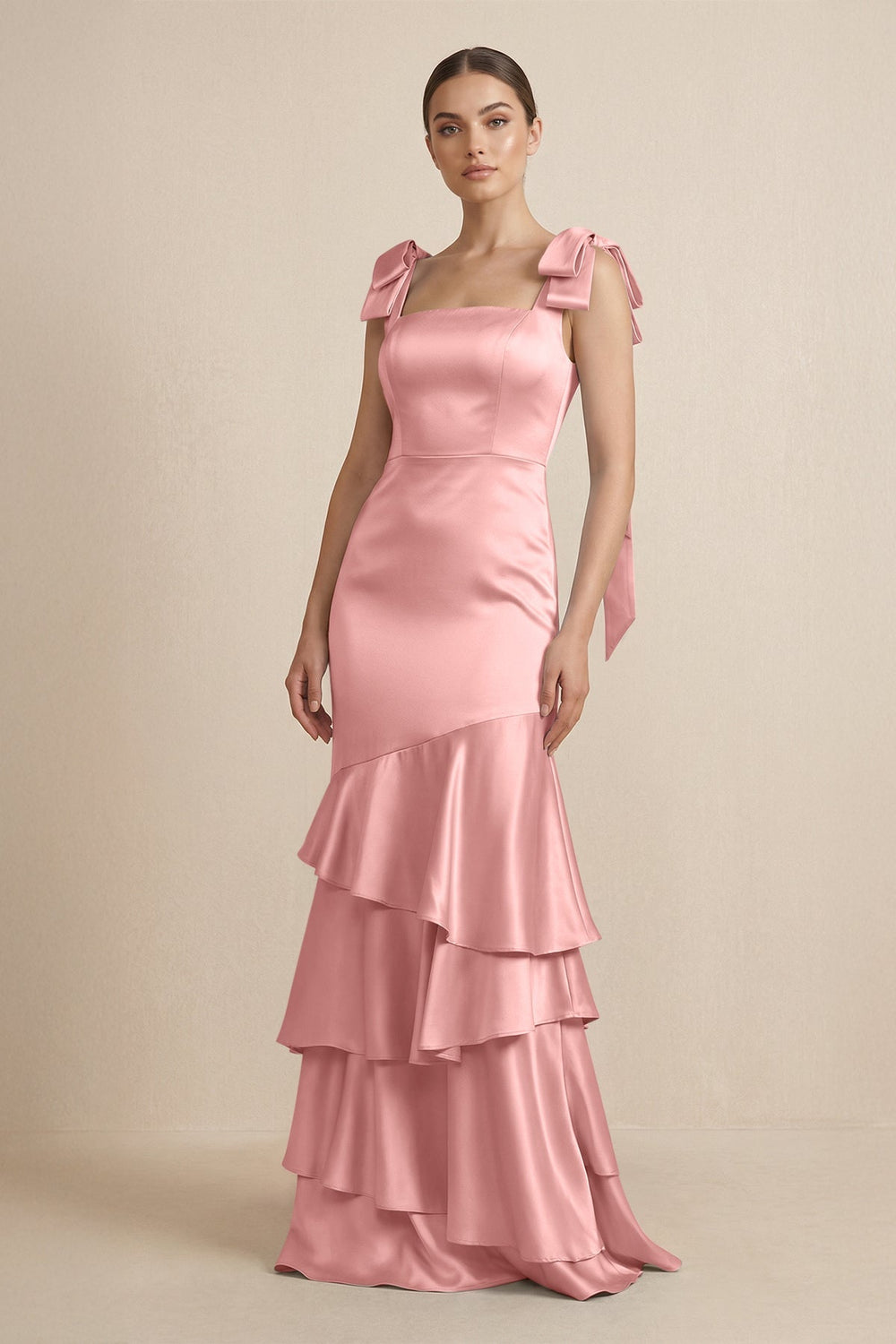 Tiered Maxi Satin Bridesmaid Dress with Bow Straps in Rosette - KISS BRIDAL Bridesmaid Dresses