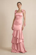 Tiered Maxi Satin Bridesmaid Dress with Bow Straps in Rosette - KISS BRIDAL Bridesmaid Dresses