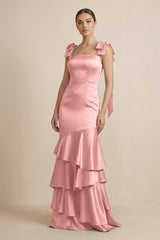 Tiered Maxi Satin Bridesmaid Dress with Bow Straps in Rosette - KISS BRIDAL Bridesmaid Dresses
