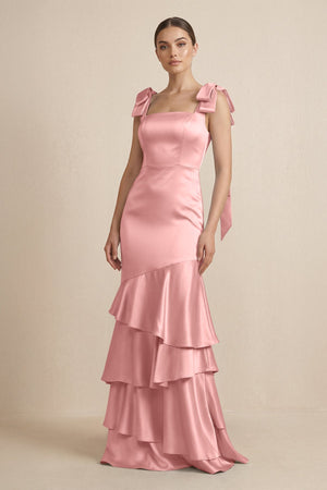 Tiered Maxi Satin Bridesmaid Dress with Bow Straps in Rosette - KISS BRIDAL Bridesmaid Dresses