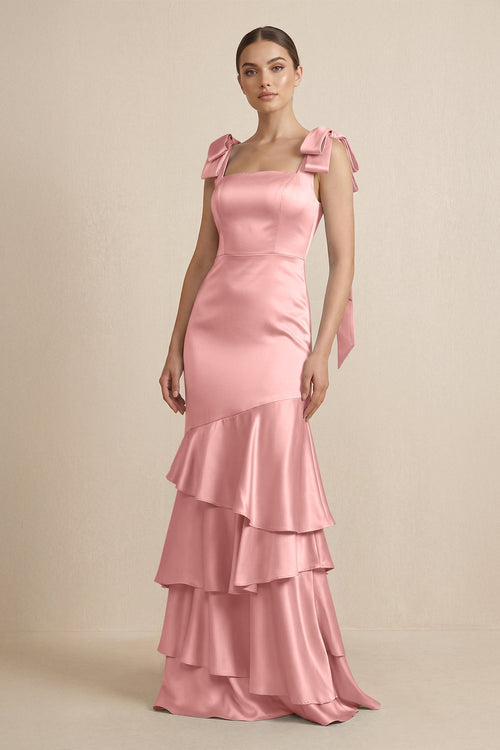 Tiered Maxi Satin Bridesmaid Dress with Bow Straps in Rosette - KISS BRIDAL Bridesmaid Dresses