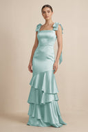 Tiered Maxi Satin Bridesmaid Dress with Bow Straps in Sage - KISS BRIDAL Bridesmaid Dresses