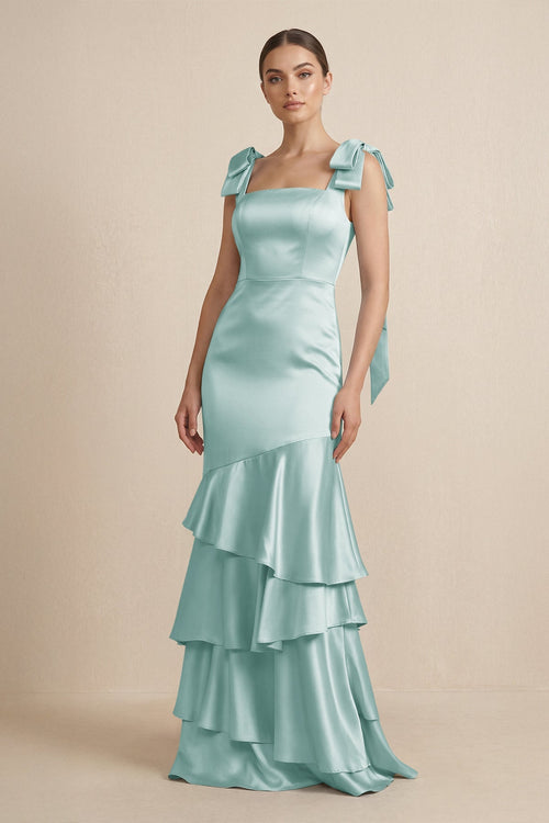 Tiered Maxi Satin Bridesmaid Dress with Bow Straps in Sage - KISS BRIDAL Bridesmaid Dresses