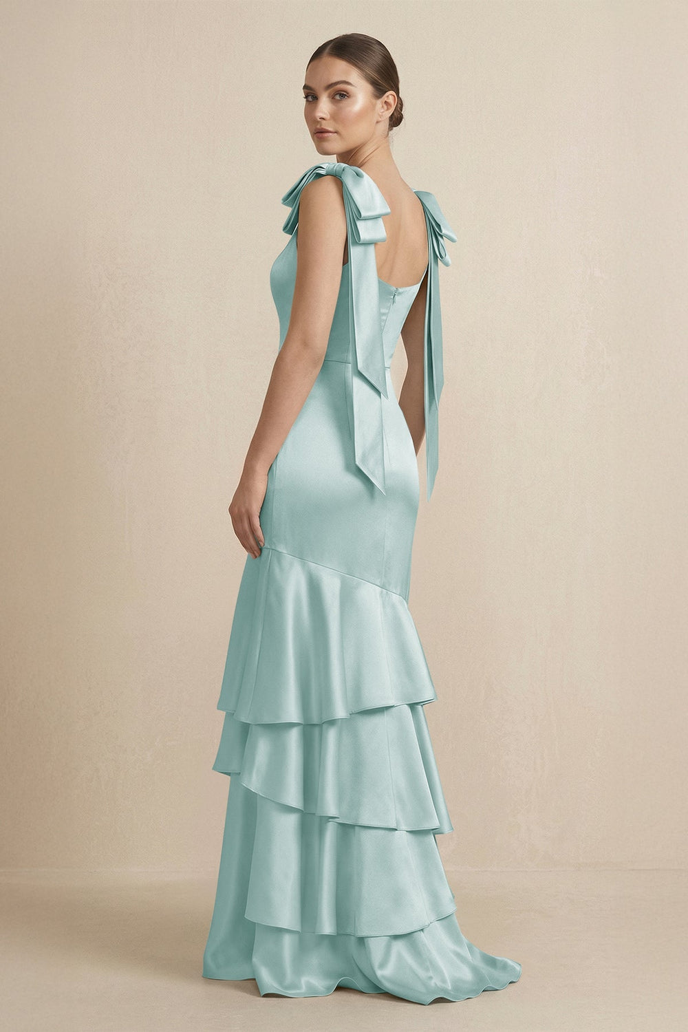 Tiered Maxi Satin Bridesmaid Dress with Bow Straps in Sage - KISS BRIDAL Bridesmaid Dresses