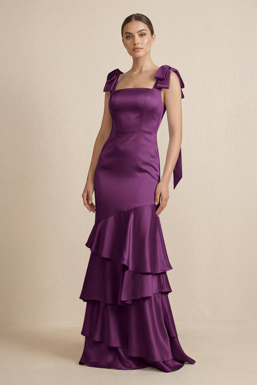 Tiered Maxi Satin Bridesmaid Dress with Bow Straps in Sangria - KISS BRIDAL Bridesmaid Dresses